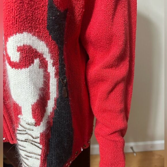 Coldwater Creek XL Red Cat Embellished Knit Cardigan Sweater Zip Front Festive - Picture 7 of 8